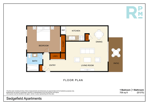 Floor plan for 1 bed, 1 bath, 706 sqft